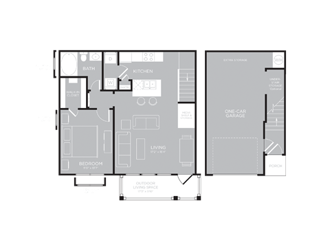 Floor plan for 1 bed, 1 bath, 788 sqft